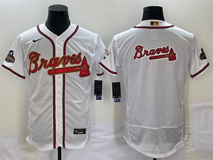 Men's Atlanta Braves 2022 White Gold World Series Champions Program Team Big Logo Flex Base Stitched Jersey Men's Atlanta Braves 2022 White Gold World Series Champions Program Team Big Logo Flex Base Stitched Jersey