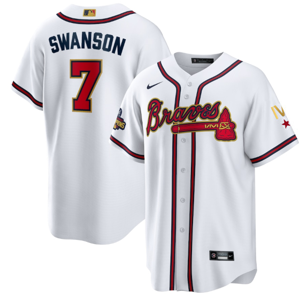 Men's Atlanta Braves#7 Dansby Swanson 2022 White Gold World Series Champions Program Cool Base Stitched Baseball Jersey