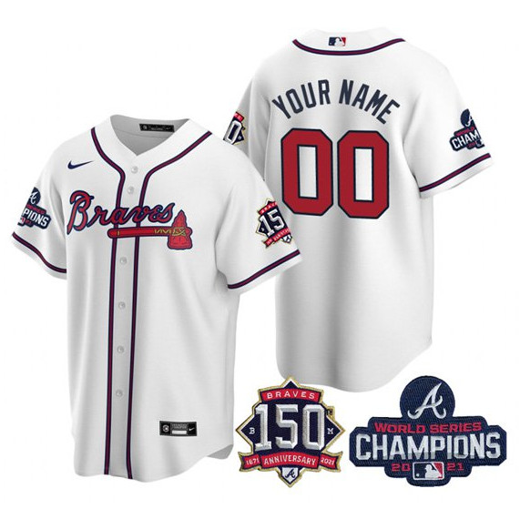 Men's Atlanta Braves Active Player Custom 2021 White World Series Champions With 150th Anniversary Cool Base Stitched Jersey Men's Atlanta Braves Active Player Custom 2021 White World Series Champions With 150th Anniversary Cool Base Stitched Jersey