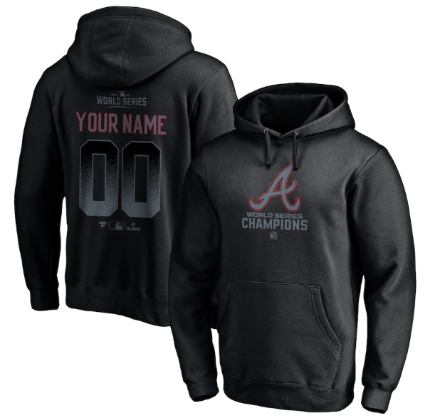 Men's Atlanta Braves Black 2021 World Series Champions Custom Name & Number Pullover Hoodie Men's Atlanta Braves Black 2021 World Series Champions Custom Name & Number Pullover Hoodie
