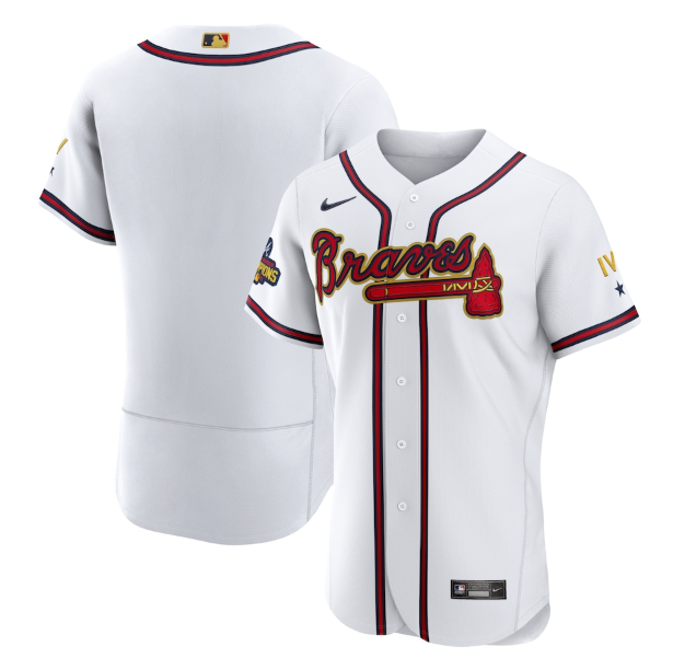 Men's Atlanta Braves Blank 2022 White Gold World Series Champions Program Flex Base Stitched Baseball Jersey
