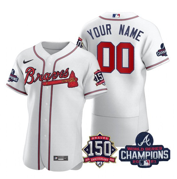Men's Atlanta Braves Customized 2021 White World Series Champions With 150th Anniversary Flex Base Stitched Jersey Men's Atlanta Braves Customized 2021 White World Series Champions With 150th Anniversary Flex Base Stitched Jersey