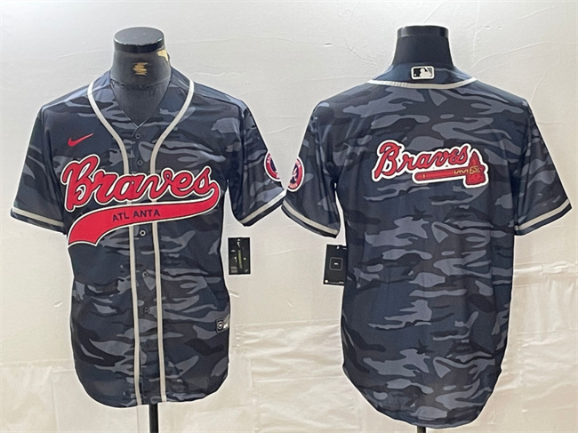 Men's Atlanta Braves Gray Camo Team Big Logo Cool Base With Patch Stitched Baseball Jersey 2 Men's Atlanta Braves Gray Camo Team Big Logo Cool Base With Patch Stitched Baseball Jersey 2