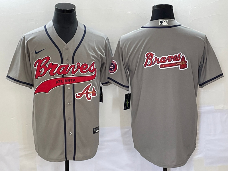 Men's Atlanta Braves Gray Team Big Logo Cool Base With Patch Stitched Baseball Jersey Men's Atlanta Braves Gray Team Big Logo Cool Base With Patch Stitched Baseball Jersey