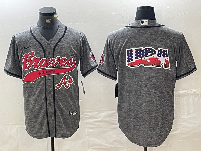 Men's Atlanta Braves Gray Team Big Logo Cool Base With Patch Stitched Baseball Jersey 7 Men's Atlanta Braves Gray Team Big Logo Cool Base With Patch Stitched Baseball Jersey 7