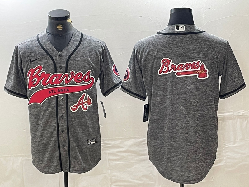 Men's Atlanta Braves Gray Team Big Logo Cool Base With Patch Stitched Baseball Jersey 8 Men's Atlanta Braves Gray Team Big Logo Cool Base With Patch Stitched Baseball Jersey 8