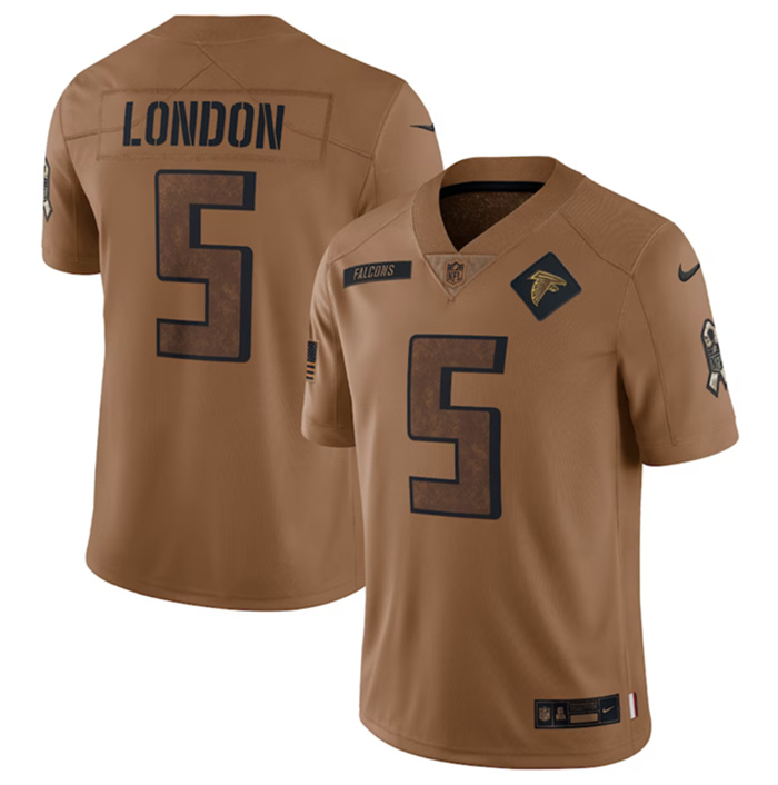 Men's Atlanta Falcons #5 Drake London 2023 Brown Salute To Setvice Limited Stitched Football Jersey Men's Atlanta Falcons #5 Drake London 2023 Brown Salute To Setvice Limited Stitched Football Jersey
