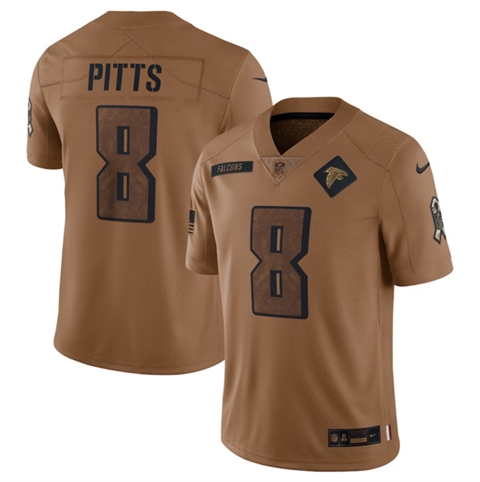Men's Atlanta Falcons #8 Kyle Pitts 2023 Brown Salute To Setvice Limited Stitched Football Jersey Men's Atlanta Falcons #8 Kyle Pitts 2023 Brown Salute To Setvice Limited Stitched Football Jersey