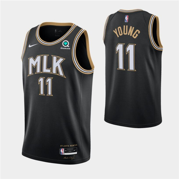 Men's Atlanta Hawks #11 Trae Young 2020 21 Black MLK City Edition With Sponsor Patch Stitched Jersey Men's Atlanta Hawks #11 Trae Young 2020 21 Black MLK City Edition With Sponsor Patch Stitched Jersey