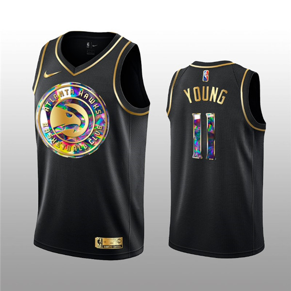 Men's Atlanta Hawks #11 Trae Young 2021 22 Black Golden Edition 75th Anniversary Diamond Logo Stitched Basketball Jersey Men's Atlanta Hawks #11 Trae Young 2021 22 Black Golden Edition 75th Anniversary Diamond Logo Stitched Basketball Jersey