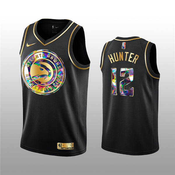 Men's Atlanta Hawks #12 De'Andre Hunter 2021 22 Black Golden Edition 75th Anniversary Diamond Logo Stitched Basketball Jersey Men's Atlanta Hawks #12 De'Andre Hunter 2021 22 Black Golden Edition 75th Anniversary Diamond Logo Stitched Basketball Jersey