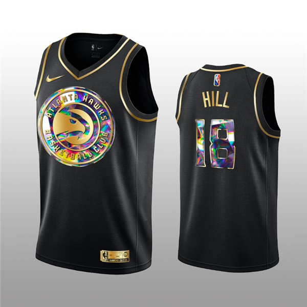 Men's Atlanta Hawks #18 Solomon Hill 2021 22 Black Golden Edition 75th Anniversary Diamond Logo Stitched Basketball Jersey Men's Atlanta Hawks #18 Solomon Hill 2021 22 Black Golden Edition 75th Anniversary Diamond Logo Stitched Basketball Jersey