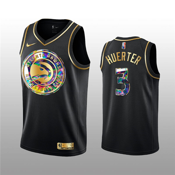 Men's Atlanta Hawks #3 Kevin Huerter 2021 22 Black Golden Edition 75th Anniversary Diamond Logo Stitched Basketball Jersey Men's Atlanta Hawks #3 Kevin Huerter 2021 22 Black Golden Edition 75th Anniversary Diamond Logo Stitched Basketball Jersey