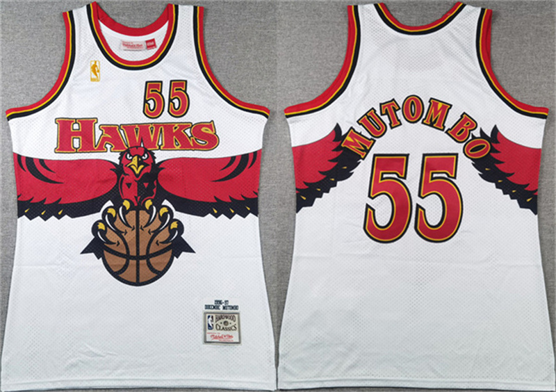 Men's Atlanta Hawks #55 Dikembe Mutombo White 1996-97 Throwback Swingman Stitched Jersey Men's Atlanta Hawks #55 Dikembe Mutombo White 1996-97 Throwback Swingman Stitched Jersey
