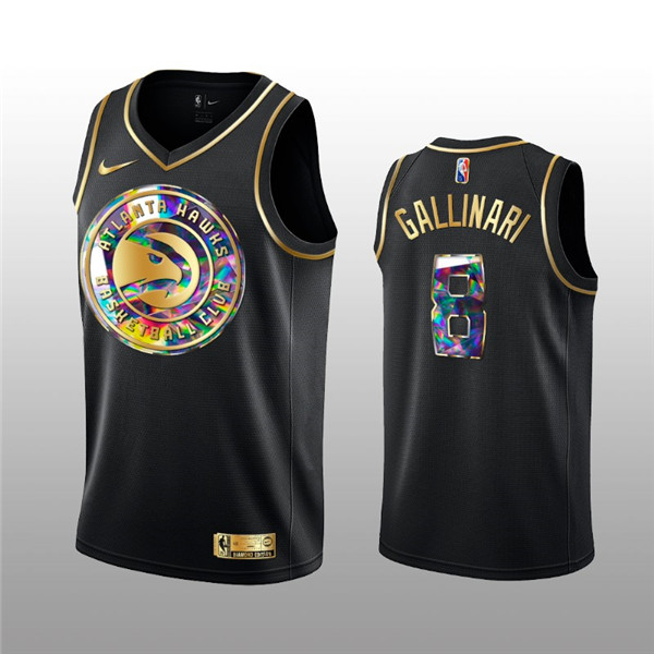 Men's Atlanta Hawks #8 Danilo Gallinari 2021 22 Black Golden Edition 75th Anniversary Diamond Logo Stitched Basketball Jersey Men's Atlanta Hawks #8 Danilo Gallinari 2021 22 Black Golden Edition 75th Anniversary Diamond Logo Stitched Basketball Jersey