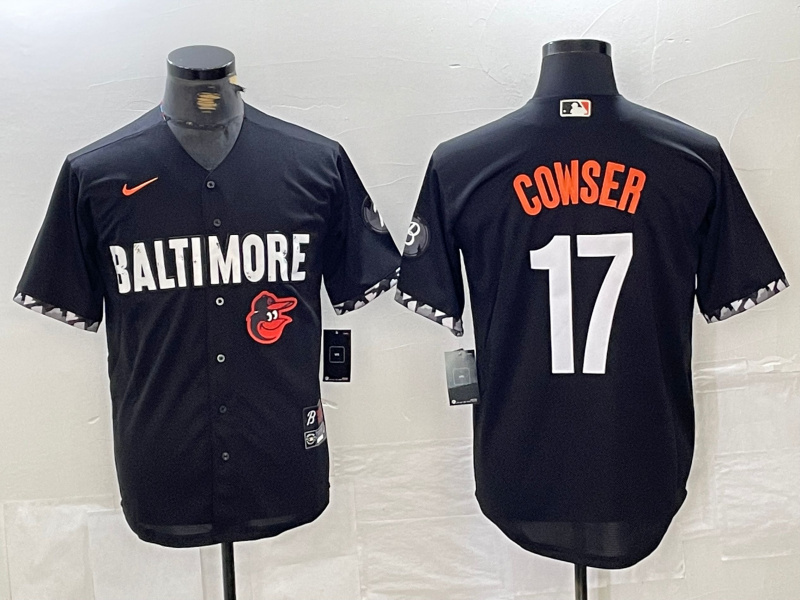 Men's Baltimore Orioles #17 Colton Cowser Black 2023 City Connect Cool Base Stitched Baseball Jersey 1 Men's Baltimore Orioles #17 Colton Cowser Black 2023 City Connect Cool Base Stitched Baseball Jersey 1