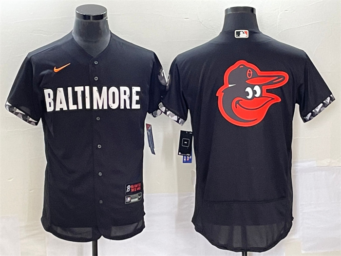 Men's Baltimore Orioles Big Logo In Back Black 2023 City Connect Flex Base Stitched Baseball Jersey Men's Baltimore Orioles Big Logo In Back Black 2023 City Connect Flex Base Stitched Baseball Jersey