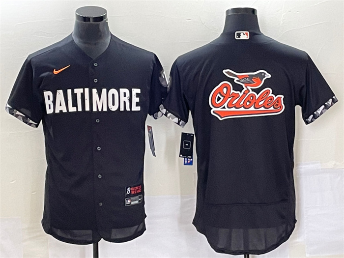 Men's Baltimore Orioles Big Team Logo In Back Black 2023 City Connect Flex Base Stitched Baseball Jersey Men's Baltimore Orioles Big Team Logo In Back Black 2023 City Connect Flex Base Stitched Baseball Jersey