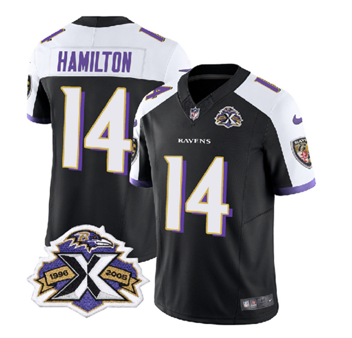 Men's Baltimore Ravens #14 Kyle Hamilton Black White 2023 F.U.S.E With Patch Throwback Vapor Limited Jersey Men's Baltimore Ravens #14 Kyle Hamilton Black White 2023 F.U.S.E With Patch Throwback Vapor Limited Jersey