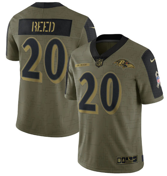 Men's Baltimore Ravens #20 Ed Reed 2021 Olive Salute To Service Limited Stitched Jersey Men's Baltimore Ravens #20 Ed Reed 2021 Olive Salute To Service Limited Stitched Jersey