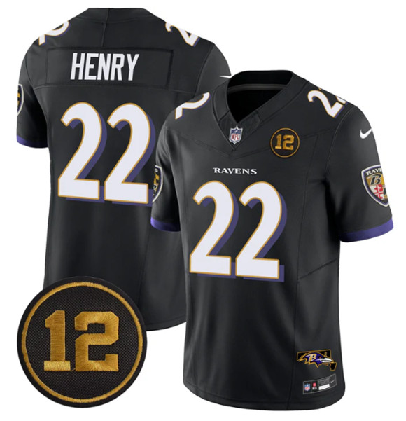 Men's Baltimore Ravens #22 Derrick Henry Black 2025 F.U.S.E. Jacoby Jones Patch Vapor Limited Football Jersey Men's Baltimore Ravens #22 Derrick Henry Black 2025 F.U.S.E. Jacoby Jones Patch Vapor Limited Football Jersey