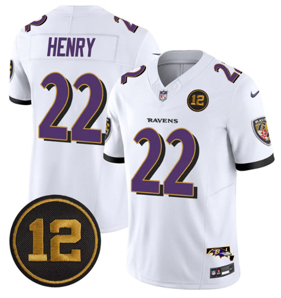 Men's Baltimore Ravens #22 Derrick Henry White 2025 F.U.S.E. Jacoby Jones Patch Vapor Limited Football Jersey Men's Baltimore Ravens #22 Derrick Henry White 2025 F.U.S.E. Jacoby Jones Patch Vapor Limited Football Jersey