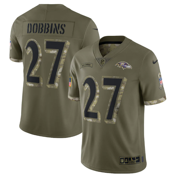 Men's Baltimore Ravens #27 J.K. Dobbins Olive 2022 Salute To Service Limited Stitched Jersey Men's Baltimore Ravens #27 J.K. Dobbins Olive 2022 Salute To Service Limited Stitched Jersey