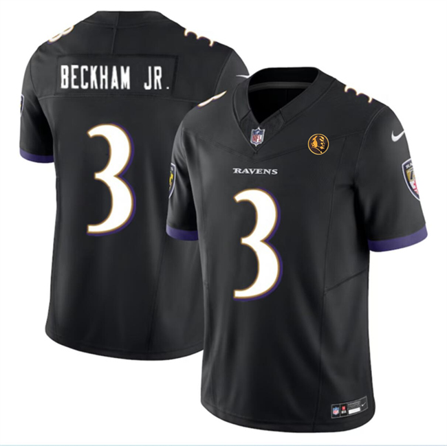 Men's Baltimore Ravens #3 Odell Beckham Jr. Black 2023 F.U.S.E. With John Madden Patch Vapor Limited Football Jersey Men's Baltimore Ravens #3 Odell Beckham Jr. Black 2023 F.U.S.E. With John Madden Patch Vapor Limited Football Jersey