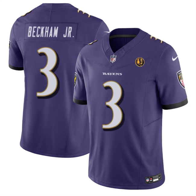 Men's Baltimore Ravens #3 Odell Beckham Jr. Purple 2023 F.U.S.E. With John Madden Patch Vapor Limited Football Jersey Men's Baltimore Ravens #3 Odell Beckham Jr. Purple 2023 F.U.S.E. With John Madden Patch Vapor Limited Football Jersey