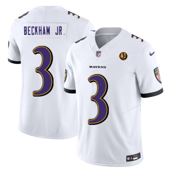Men's Baltimore Ravens #3 Odell Beckham Jr. White 2023 F.U.S.E. With John Madden Patch Vapor Limited Football Jersey Men's Baltimore Ravens #3 Odell Beckham Jr. White 2023 F.U.S.E. With John Madden Patch Vapor Limited Football Jersey