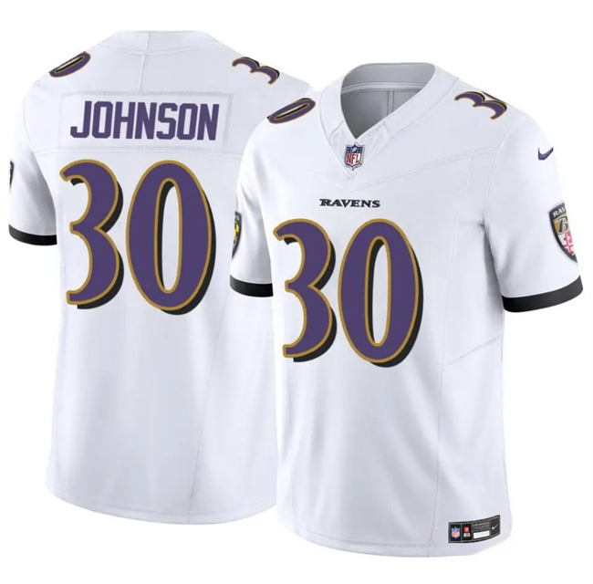 Men's Baltimore Ravens #30 D'Ernest Johnson White 2025 F.U.S.E. Vapor Limited Football Jersey Men's Baltimore Ravens #30 D'Ernest Johnson White 2025 F.U.S.E. Vapor Limited Football Jersey