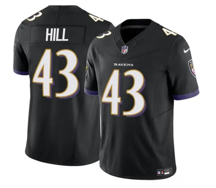Men's Baltimore Ravens #43 Justice Hill Black 2023 F.U.S.E. Vapor Limited Football Jersey Men's Baltimore Ravens #43 Justice Hill Black 2023 F.U.S.E. Vapor Limited Football Jersey
