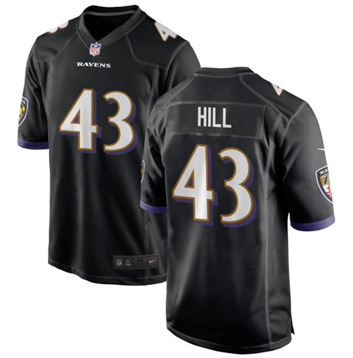 Men's Baltimore Ravens #43 Justice Hill Black Game Football Jersey Men's Baltimore Ravens #43 Justice Hill Black Game Football Jersey