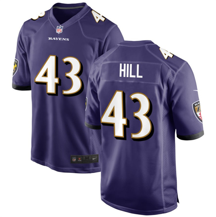 Men's Baltimore Ravens #43 Justice Hill Purple Game Football Jersey Men's Baltimore Ravens #43 Justice Hill Purple Game Football Jersey