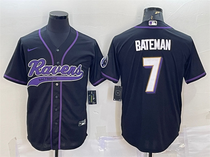 Men's Baltimore Ravens #7 Rashod Bateman Black With Patch Cool Base Stitched Baseball Jersey Men's Baltimore Ravens #7 Rashod Bateman Black With Patch Cool Base Stitched Baseball Jersey