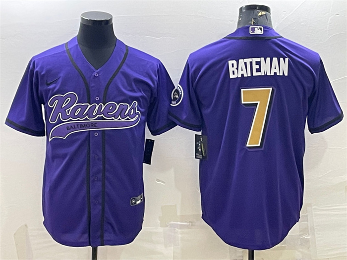 Men's Baltimore Ravens #7 Rashod Bateman Purple Gold With Patch Cool Base Stitched Baseball Jersey Men's Baltimore Ravens #7 Rashod Bateman Purple Gold With Patch Cool Base Stitched Baseball Jersey
