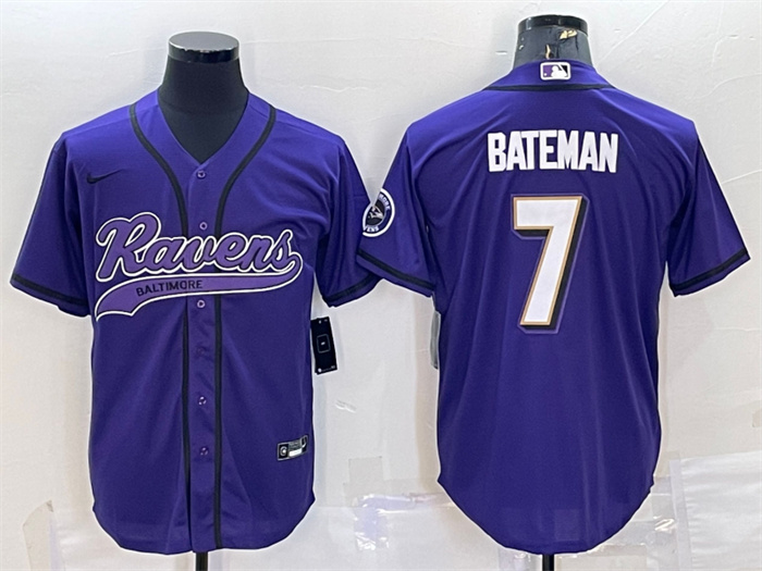 Men's Baltimore Ravens #7 Rashod Bateman Purple With Patch Cool Base Stitched Baseball Jersey Men's Baltimore Ravens #7 Rashod Bateman Purple With Patch Cool Base Stitched Baseball Jersey