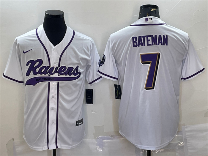 Men's Baltimore Ravens #7 Rashod Bateman White With Patch Cool Base Stitched Baseball Jersey Men's Baltimore Ravens #7 Rashod Bateman White With Patch Cool Base Stitched Baseball Jersey