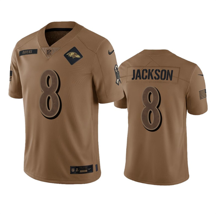 Men's Baltimore Ravens #8 Lamar Jackson 2023 Brown Salute To Service Limited Jersey Men's Baltimore Ravens #8 Lamar Jackson 2023 Brown Salute To Service Limited Jersey
