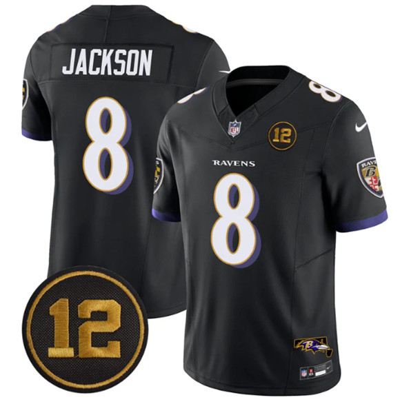 Men's Baltimore Ravens #8 Lamar Jackson Black 2025 F.U.S.E. Jacoby Jones Patch Vapor Limited Football Jersey Men's Baltimore Ravens #8 Lamar Jackson Black 2025 F.U.S.E. Jacoby Jones Patch Vapor Limited Football Jersey