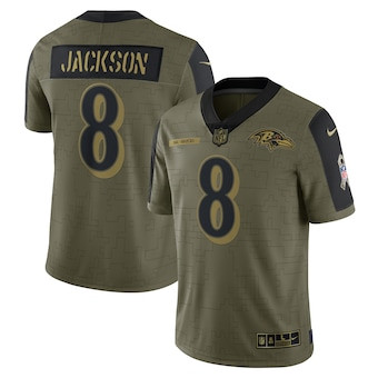 Men's Baltimore Ravens #8 Lamar Jackson Nike Olive 2021 Salute To Service Limited Player Jersey Men's Baltimore Ravens #8 Lamar Jackson Nike Olive 2021 Salute To Service Limited Player Jersey