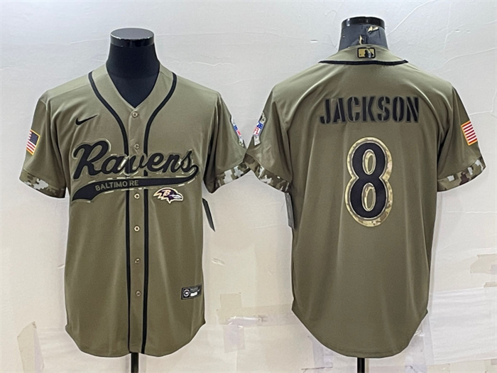 Men's Baltimore Ravens #8 Lamar Jackson Olive 2022 Salute To Service Cool Base Stitched Baseball Jersey Men's Baltimore Ravens #8 Lamar Jackson Olive 2022 Salute To Service Cool Base Stitched Baseball Jersey