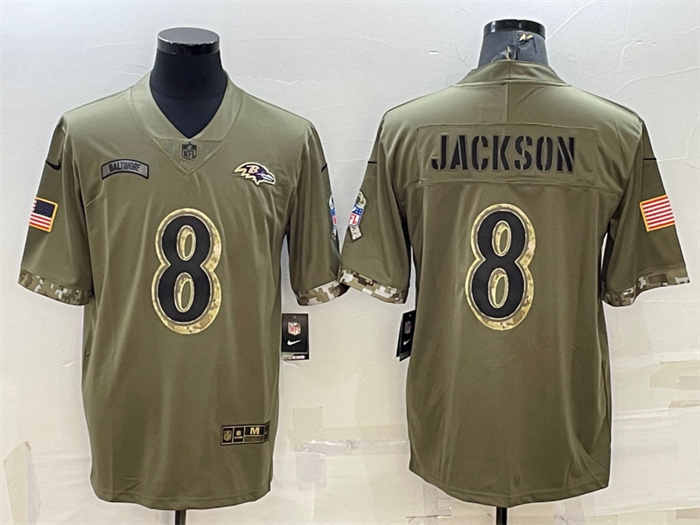 Men's Baltimore Ravens #8 Lamar Jackson Olive 2022 Salute To Service Limited Stitched Jersey Men's Baltimore Ravens #8 Lamar Jackson Olive 2022 Salute To Service Limited Stitched Jersey