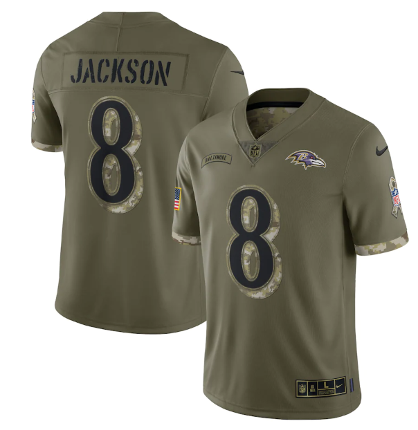 Men's Baltimore Ravens #8 Lamar Jackson Olive 2022 Salute To Service Limited Stitched Jersey Men's Baltimore Ravens #8 Lamar Jackson Olive 2022 Salute To Service Limited Stitched Jersey