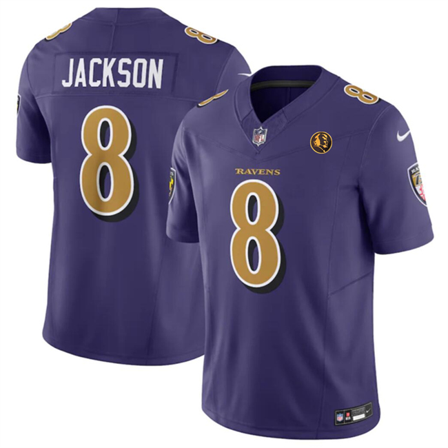 Men's Baltimore Ravens #8 Lamar Jackson Purple 2023 F.U.S.E. With John Madden Patch Color Rush Limited Stitched Football Jersey Men's Baltimore Ravens #8 Lamar Jackson Purple 2023 F.U.S.E. With John Madden Patch Color Rush Limited Stitched Football Jersey