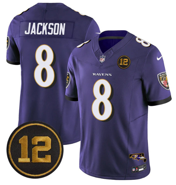 Men's Baltimore Ravens #8 Lamar Jackson Purple 2025 F.U.S.E. Jacoby Jones Patch Vapor Limited Football Jersey Men's Baltimore Ravens #8 Lamar Jackson Purple 2025 F.U.S.E. Jacoby Jones Patch Vapor Limited Football Jersey