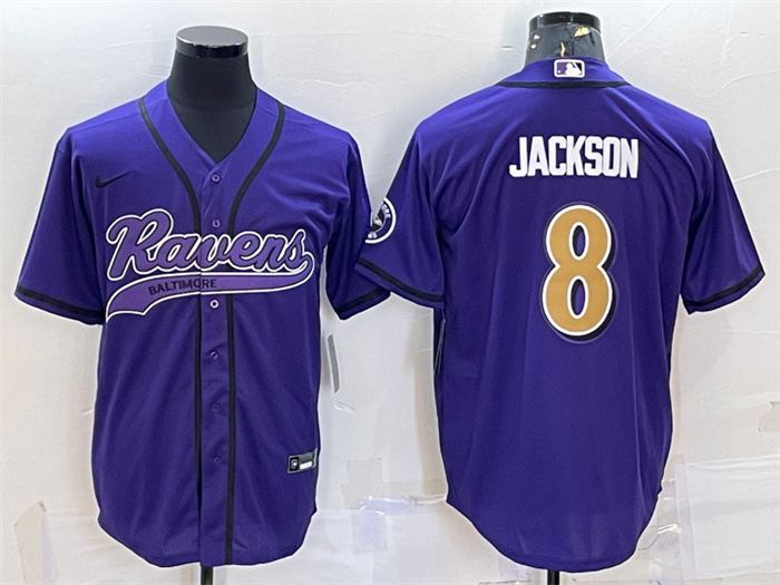 Men's Baltimore Ravens #8 Lamar Jackson Purple Gold With Patch Cool Base Stitched Baseball Jersey Men's Baltimore Ravens #8 Lamar Jackson Purple Gold With Patch Cool Base Stitched Baseball Jersey
