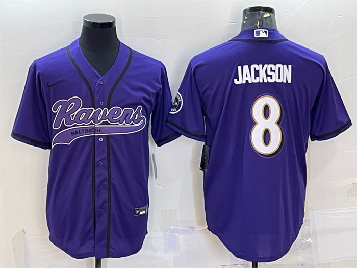 Men's Baltimore Ravens #8 Lamar Jackson Purple With Patch Cool Base Stitched Baseball Jersey Men's Baltimore Ravens #8 Lamar Jackson Purple With Patch Cool Base Stitched Baseball Jersey