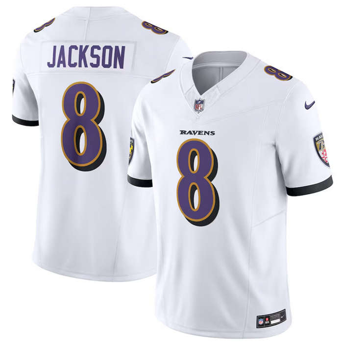Men's Baltimore Ravens #8 Lamar Jackson White 2023 F.U.S.E Vapor Jersey Men's Baltimore Ravens #8 Lamar Jackson White 2023 F.U.S.E Vapor Jersey