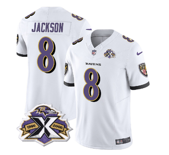Men's Baltimore Ravens #8 Lamar Jackson White 2023 F.U.S.E With Patch Throwback Vapor Limited Jersey Men's Baltimore Ravens #8 Lamar Jackson White 2023 F.U.S.E With Patch Throwback Vapor Limited Jersey